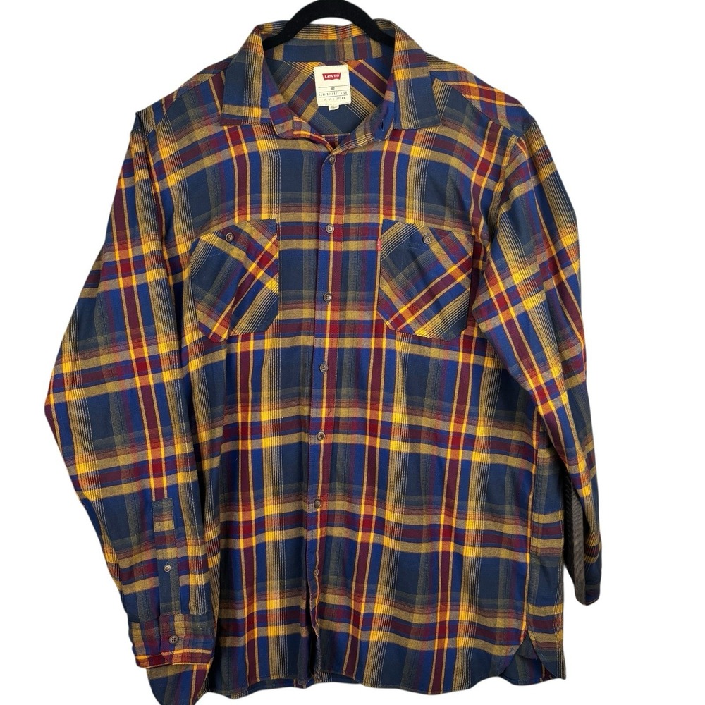 Levi's Mens‎ Flannel Shirt Size XLT Long Sleeve Red Blue Yellow Plaid Western - Picture 2 of 6